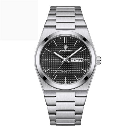 שעון יוקרתי לגברים עם לוח שנה, עמיד במים וזכוכית קוורץ זורחת.