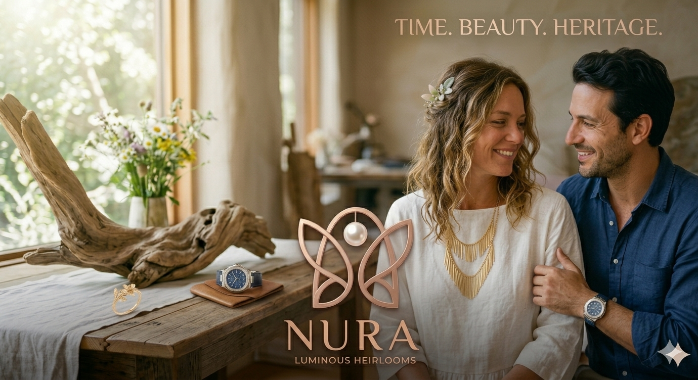An elegant landscape HERO banner for the 'NURA' website. The image features a composition that merges the settings and characters from the source photos. On the left side, the rustic wooden table and window view from image_2.png hold a display including the natural driftwood and a curated selection of jewelry. The Patek Philippe style watch from image_0.png with its blue textured strap rests on a small, dark leather pad, and the detailed gold lily flower ring from image_1.png is set on a simple, low stand. On the right side, the man and woman from image_0.png and image_2.png are seated together, looking warm and engaged. The man wears his dark blue linen shirt and the watch, and the woman wears her white linen top with the distinctive tiered gold fringed necklace from image_2.png. Her hair is naturally waved, adorned with the floral piece. They look towards each other with gentle smiles. In the lower-right area, the 3D rose-gold and pearl butterfly logo from image_3.png is positioned. Directly beneath the logo, the name 'NURA' appears in a clean, elegant rose-gold sans-serif font, with the tagline 'LUMINOUS HEIRLOOMS' in smaller capital letters below. The lighting is soft and golden from the window, and the entire scene is shot with shallow depth of field, giving it a high-end, editorial feel. The 'diamond' symbol is discreetly integrated into the bottom-left corner and near the logo.